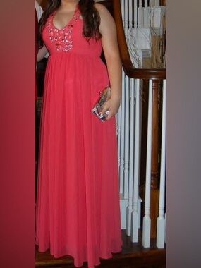 Coral Pink Halter Beaded Evening Dress (Prom, Wedding, Gala) Y2K